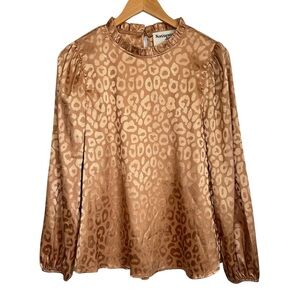 Savanna Jane Women Leopard Print Jacquard Satin Blouse Sz Small Gold Long Sleeve